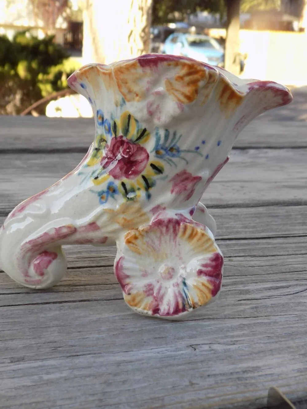 Cornucopia Thanksgiving Ceramic Vase Planter, Pink Flowers and White, Floral, *